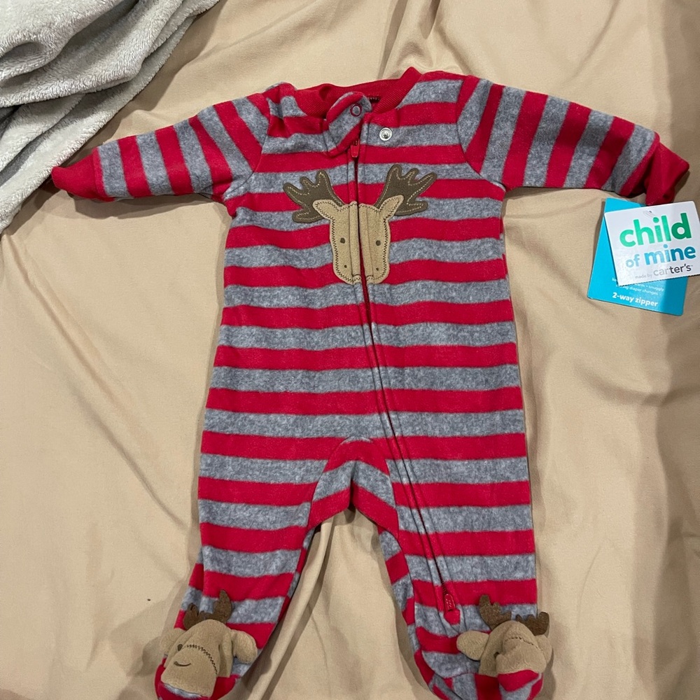 Child of Mine Red and Gray Striped Footie with Moose